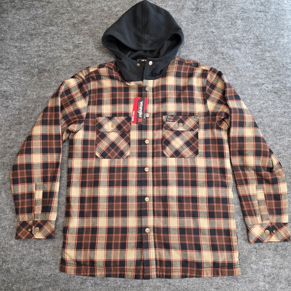 NWT Wrangler Riggs Workwear Hooded Flannel Mens Medium Khaki Plaid Button Jacket